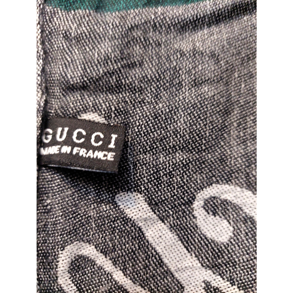 Gucci Black Gray GG Logo Print Red & Green Stripe Cashmere Silk Scarf Pre-owned - Picture 14 of 16